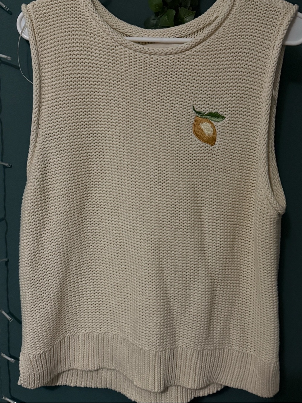 Lucky Brand Cream Knit Sleeveless Sweater Vest with Lemon Patch